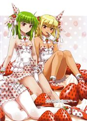  2girls absurdres beatmania_iidx bemani blonde_hair bobby_socks bow bowtie braid breasts cleavage food food-themed_clothes food-themed_hair_ornament food_print frilled_gloves frilled_skirt frills fruit gloves goli_matsumoto green_hair hair_ornament hair_ribbon highres hime_cut hishimiya_tsugaru looking_at_viewer mary_janes multiple_girls official_art print_ribbon print_skirt print_socks red_footwear ribbon shoes skirt small_breasts socks strawberry strawberry_hair_ornament strawberry_print twin_braids umegiri_iroha white_gloves xiatian_(beatmania_iidx) 