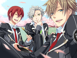  3boys :d ahoge blue_sky chains chopsticks collared_shirt day eating finger_to_mouth gakuran game_cg holding kazuaki long_sleeves looking_at_viewer multiple_boys nanami_kanata open_mouth photoshop_(medium) pout school_uniform seigetsu_academy_school_uniform shirt sky smile starry_sky_(game) teeth tomoe_you touzuki_suzuya 