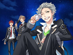  3boys game_cg grin head_tilt holding kazuaki knees_up long_sleeves looking_at_viewer multiple_boys nanami_kanata photoshop_(medium) sitting smile starry_sky_(game) teeth tomoe_you touzuki_suzuya 