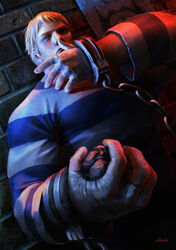  1boy against_wall artstation_sample bad_end bandages blonde_hair brick_wall cameo cassio_yoshiyaki cody_travers commentary cuffs dutch_angle edi_e final_fight final_fight_i hand_wraps handcuffs hiding highres image_sample male_focus nose photorealistic photoshop_(medium) police poster_(object) prison_clothes realistic rock solo street_fighter street_fighter_iv_(series) street_fighter_zero_(series) zangief 