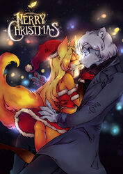  2017 absurd_res anthro aya blonde_hair blue_eyes canid canine christmas closed_eyes clothed clothing duo felid female fluffy fluffy_tail fox fur hair hi_res hippothrombe holidays kissing leopard long_hair male male/female mammal orange_body orange_fur pantherine romantic romantic_ambiance romantic_couple snow snow_leopard tail thick_tail tomo_(hippothrombe) white_body white_fur white_hair wide_eyed 