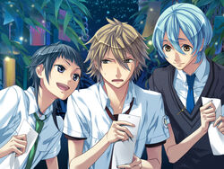  3boys :d black_hair blonde_hair blue_hair collared_shirt game_cg green_necktie hair_between_eyes holding kanakubo_homare kazuaki kinose_azusa miyaji_ryunosuke multiple_boys necktie open_mouth outdoors photoshop_(medium) red_necktie shirt smile starry_sky_(game) upper_body white_shirt 