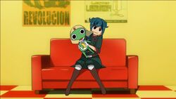  bad_id bad_pixiv_id couch female green_hair holding inazuma_eleven inazuma_eleven_(series) keroro keroro_gunsou mistorene_callus parody pieces_of_sweet_stars smile solo spanish_text stuffed_toy tengen_toppa_gurren_lagann voice_actor_connection watanabe_kumiko yuzuha_(tengokugumi) 