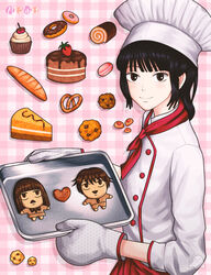  baguette baking_sheet black_hair blunt_bangs blush bread brown_eyes cake cake_slice chef chef_hat cherry closed_mouth commentary_request cookie copyright_name critter100 cupcake doughnut female food from_side fruit hat heart kazehaya_shouta kimi_ni_todoke kuronuma_sawako long_hair looking_at_viewer macaron oven_mitts photoshop_(medium) pink_background plaid plaid_background pretzel short_hair smile solo strawberry swiss_roll watermark 