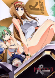  1boy 2girls absurdres arm_support ball bare_shoulders blue_eyes breasts brown_hair cleavage crossed_legs earrings elnie_tachibana green_eyes green_hair hairband helmet highleg highleg_leotard highres hiiragi_akao holding holding_helmet holding_umbrella jewelry jinki large_breasts legs leotard logo long_hair long_legs medium_breasts multiple_girls ogawara_ryouhei parasol photoshop_(medium) race_queen red_hairband short_hair sidelocks sitting smile swimsuit thighs tsunashima_shirou two-tone_umbrella umbrella white_leotard wristlet 