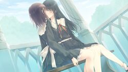  2girls bare_legs bench black_dress black_hair brown_hair closed_eyes couple day dress dutch_angle flowers_(innocent_grey) game_cg hair_ornament hairclip kissing kousaka_mayuri long_hair long_legs long_sleeves multiple_girls official_art official_wallpaper pillar pleated_dress puffy_long_sleeves puffy_sleeves ribbon school_uniform shirahane_suou short_hair sitting sky socks sugina_miki white_legwear yuri 