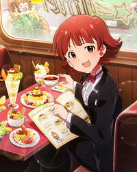  2girls :3 ^_^ bow bowtie brown_eyes brown_hair cake candy cherry chocolate chocolate_bar closed_eyes cup drinking_glass flipped_hair food formal fruit grapes holding holding_cup honeydew_(fruit) ice_cream idolmaster idolmaster_(classic) idolmaster_million_live! kiwi_(fruit) kiwi_slice lapels looking_at_viewer menu multiple_girls nonohara_akane official_art orange_(fruit) orange_slice pant_suit pants parfait pudding pudding_a_la_mode red_bow red_bowtie shawl_lapels smile solo_focus strawberry strawberry_slice strawberry_syrup suit takatsuki_yayoi tea textless_version traditional_bowtie twintails whipped_cream 