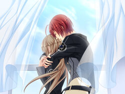  1boy ahoge arm_around_shoulder belt blonde_hair blue_sky closed_eyes closed_mouth cloud curtains day female from_side game_cg hug hug_from_behind jacket kazuaki long_hair long_sleeves photoshop_(medium) red_hair sky starry_sky_(game) straight tomoe_you transparent upper_body very_long_hair wind window yahisa_tsukiko 