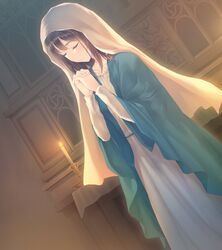  brown_hair candle candlelight closed_eyes dress dutch_angle female flowers_(innocent_grey) game_cg highres indoors kousaka_mayuri long_sleeves official_art own_hands_clasped own_hands_together praying short_hair solo sugina_miki window 