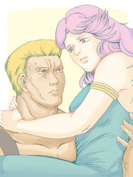  1boy armlet blonde_hair blue_dress brown_eyes carrying commentary_request couple dress ex65679708 eye_contact falco_(hokuto_no_ken) female hand_on_another&#039;s_back hand_on_another&#039;s_neck hokuto_no_ken lifting_person long_hair looking_at_another muscular myuu pink_hair smile straight suspenders yellow_background 