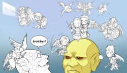  6+boys abaddon_(megami_tensei) angel aniel_(megami_tensei) bald black_sclera blowing blowing_bubbles blue_background camael_(megami_tensei) chibi close-up colored_sclera commentary_request cross demon english_text expressionless female gabriel_(megami_tensei) halo head_wings megami_tensei metatron_(megami_tensei) michael_(megami_tensei) monochrome monster multiple_boys multiple_wings partial_commentary power_(megami_tensei) raphael_(megami_tensei) rapier red_eyes sandalphon_(megami_tensei) seraph shield shin_megami_tensei shuffler simple_background smile speech_bubble spot_color sword talking translated tzaphkiel_(megami_tensei) upper_body uriel_(megami_tensei) weapon wings yhvh_(megami_tensei) 