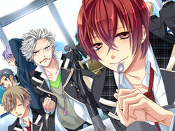  6+boys amaha_tsubasa collarbone facial_hair gakuran game_cg indoors kazuaki kinose_azusa long_sleeves male_focus moustache multiple_boys nanami_kanata photoshop_(medium) school_uniform seigetsu_academy_school_uniform smile spoon starry_sky_(game) tomoe_you touzuki_suzuya upper_body 