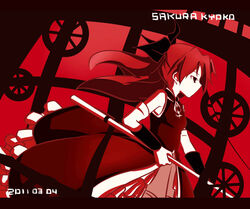  bad_id bad_pixiv_id bow detached_sleeves female hairbow long_hair magical_girl mahou_shoujo_madoka_magica mahou_shoujo_madoka_magica_(anime) nishigyou_teraa polearm ponytail red_hair sakura_kyoko sakura_kyoko_(magical_girl) solo spear weapon 