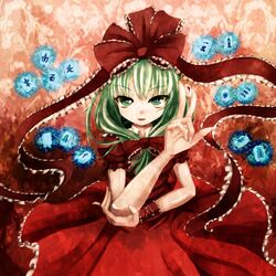  board_game bow commentary_request dress female frills front_ponytail green_eyes green_hair hair_ribbon hairbow holding holding_mahjong_tile kagiyama_hina mahjong mahjong_tile ribbon solo tamagoto touhou 