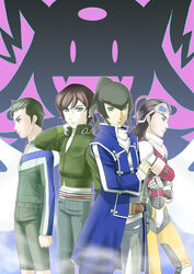  4boys aleph_(megami_tensei) apolix arm_up belt black_hair blue_eyes brown_hair commentary_request cowboy_shot demi-fiend flynn_(megami_tensei) goggles goggles_on_head green_eyes hand_in_own_hair jack_frost_(megami_tensei) kazuya_(megami_tensei) long_sleeves multiple_boys pants profile sheath sheathed shin_megami_tensei shin_megami_tensei_ii shin_megami_tensei_iii:_nocturne shin_megami_tensei_iv short_hair sidelocks silhouette standing sword uniform weapon 