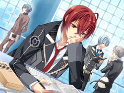  4boys ahoge game_cg jacket kanakubo_homare kazuaki long_sleeves mizushima_iku multiple_boys necktie open_clothes open_jacket photoshop_(medium) red_eyes red_hair red_necktie school_uniform seigetsu_academy_school_uniform shiranui_kazuki starry_sky_(game) tomoe_you 