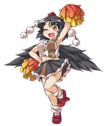  adapted_costume arm_up armpits black_hair black_wings blush breasts brown_eyes cheerleader commentary_request female fun_bo geta hat looking_at_viewer marisa_to_alice_no_cookie_storia medium_breasts navel one_eye_closed open_mouth pom_pom_(cheerleading) pom_pom_(clothes) shameimaru_aya shirt short_hair simple_background skirt sleeveless sleeveless_shirt smile solo tengu-geta tokin_hat touhou white_background wings 