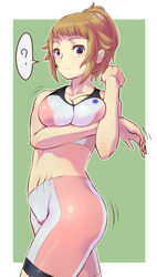  ? bike_shorts blue_eyes breasts brown_hair cleavage commentary_request cowboy_shot female gundam gundam_build_fighters gundam_build_fighters_try highres hoshino_fumina kakudai_(hujikolp) looking_at_viewer medium_breasts midriff ponytail solo spoken_question_mark sports_bra stretching two-tone_sports_bra 