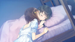  2girls bed black_hair blanket blue_background blush brown_hair closed_eyes dress eyelashes flowers_(innocent_grey) frilled_sleeves frills game_cg hair_ornament hairclip kissing kissing_cheek kousaka_mayuri lying multiple_girls official_art official_wallpaper parted_lips pillow puffy_short_sleeves puffy_sleeves shirahane_suou short_hair short_sleeves sleeping sugina_miki white_dress yuri 