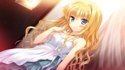  bare_shoulders blonde_hair blue_eyes blush casual dress dutch_angle eve_elain_austin female game_cg hair_intakes hand_on_own_chest highres jewelry koiken_otome lamp long_hair looking_at_viewer necklace official_art smile solo tateha_(marvelous_grace) wavy_hair 