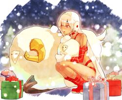  akamiso_(k074510) altera_(fate) altera_the_santa_(fate) boots box commentary_request dark-skinned_female dark_skin detached_sleeves fate/grand_order fate_(series) female gift gift_box gloves highres mittens parted_lips red_footwear revealing_clothes sheep solo tattoo veil white_gloves white_hair 