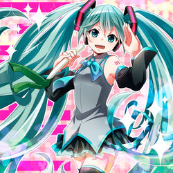  aqua_eyes aqua_hair bow bowtie commentary_request detached_sleeves female hatsune_miku headphones long_hair necktie open_mouth pinky_out skirt solo spring_onion thighhighs tsujiori twintails very_long_hair vocaloid 