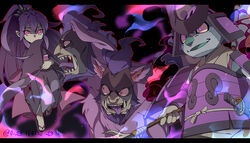  1boy armor artist_name banner canine colored_tongue commentary_request dated female helmet high_ponytail hyakkihime japanese_armor japanese_clothes kabuto_(helmet) katana kimono letterboxed long_hair multiple_heads open_mouth pink_eyes polearm purple_hair purple_tongue sandals sanzu_no_inu sashimono sg_(suuchan) sharp_teeth sheath sheathed shoulder_armor sode spear sword teeth tongue twitter_username weapon yomi_gensui youkai_(youkai_watch) youkai_watch zouri 