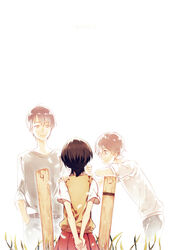  2boys black_hair brown_hair commentary female ghada_(wan) ghost grave mishima_lisa multiple_boys nine_(zankyou_no_terror) photoshop_(medium) school_uniform short_hair spoilers sweater_vest twelve_(zankyou_no_terror) zankyou_no_terror 