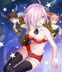  1boy alternate_costume black_hair breasts cleavage fate/grand_order fate_(series) female fujimaru_ritsuka_(male) hinatsu mash_kyrielight medium_breasts midriff navel open_mouth pink_hair protected_link romani_archaman santa_costume short_hair smile 