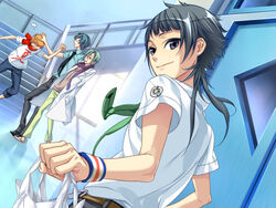  4boys black_eyes black_hair emblem from_behind game_cg haruki_naoshi hoshizuki_kotarou indoors kazuaki kinose_azusa looking_at_viewer looking_back mizushima_iku multiple_boys photoshop_(medium) smirk stairs starry_sky_(game) sweatband 