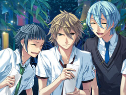  3boys ^_^ annoyed black_hair blonde_hair blue_hair blunt_bangs closed_eyes closed_mouth game_cg green_necktie kanakubo_homare kazuaki kinose_azusa miyaji_ryunosuke multiple_boys necktie photoshop_(medium) red_necktie short_sleeves starry_sky_(game) upper_body 