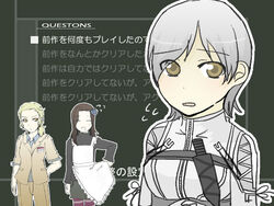  3girls apron blonde_hair bodysuit brown_eyes brown_hair commentary_request cosplay costume_switch formal grey_hair metal_gear_(series) metal_gear_solid_3:_snake_eater metal_gear_solid_4:_guns_of_the_patriots multiple_girls name_tag nishihi pant_suit pants pantyhose rosemary_(metal_gear) short_hair shorts striped_clothes striped_pantyhose suit sunny_emmerich sweater the_boss the_boss_(cosplay) 