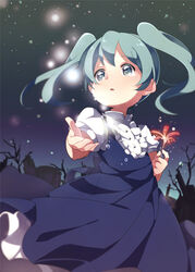  aged_down commentary_request dress female flower green_eyes green_hair hatsune_miku night sky solo star_(sky) starry_sky twintails u35 vocaloid voice_(vocaloid) 