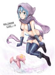  blue_hair blue_thighhighs blush boots breasts cape character_name cleavage commentary_request crop_top english_text erementa female full_body genderswap_(mtf) gloves green_eyes highres hood league_of_legends malzahar medium_breasts midriff navel open_clothes rule_63 short_hair signature solo thighhighs tongue voidling 