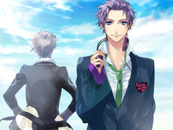  2boys amaha_tsubasa blue_sky cloud collared_shirt day game_cg green_necktie kazuaki long_sleeves male_focus multiple_boys necktie outdoors photoshop_(medium) shiranui_kazuki shirt sky starry_sky_(game) upper_body white_shirt 