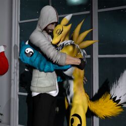  1:1 2016 3d_(artwork) aliasing anthro bandai_namco breasts canid canine christmas digimon digimon_(species) digital_media_(artwork) duo female fox garry&#039;s_mod holidays hug lordzbacon male mammal moon renamon window 