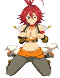  .hack//g.u. bandai breasts cyber_connect_2 detached_sleeves female female full_body kneeling long_hair midriff one_eye_closed pants pixiv_manga_sample ponytail red_eyes red_hair sash simple_background skyemerald solo top white_background wink yowkow yowkow_(.hack//) 