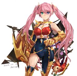  asymmetrical_clothes blue_eyes chaos_(dungeon_and_fighter) choker commentary dated dungeon_and_fighter expressionless female gloves green_eyes heterochromia highres knight_(dungeon_and_fighter) long_hair naemperor pink_hair pointy_ears signature single_pantsleg single_thighhigh skin_tight solo thighhighs twintails white_background 