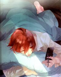  1boy ahoge artist_request barefoot bed bed_sheet brown_eyes cellphone light lips male_focus phone red_hair sleepy solo starry_sky_(game) tomoe_you waking_up 