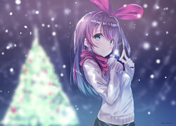  a.i._channel aqua_eyes blush brown_hair christmas kizuna_a.i. long_hair noto_kurumi signed snow tree 