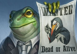  amphibian anthro beak business_suit clothed clothing digital_media_(artwork) english_text frog looking_at_viewer male necktie pechschwinge solo suit teeth text toothed_beak toothed_bird wanted_poster yellow_eyes 