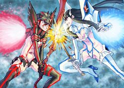  2girls battle black_hair blue_eyes boots breasts clash cleavage cleavage_cutout clothing_cutout commentary_request crossed_swords duel high_heel_boots high_heels junketsu katana kill_la_kill kiryuuin_satsuki long_hair lucille matoi_ryuuko medium_breasts microskirt midriff multicolored_hair multiple_girls navel red_hair revealing_clothes scissor_blade_(kill_la_kill) senketsu short_hair siblings sisters skirt suspenders sword sword_clash teeth thigh_boots thighhighs thrusters two-tone_hair underboob weapon 