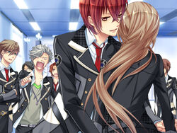  6+boys angry brown_hair buttons empty_eyes female gakuran game_cg hug kazuaki long_hair long_sleeves multiple_boys nanami_kanata necktie photoshop_(medium) pointing puff_of_air red_hair red_necktie school_uniform seigetsu_academy_school_uniform starry_sky_(game) tomoe_you touzuki_suzuya upper_body very_long_hair yahisa_tsukiko 