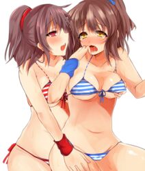  2girls :o arle_nadja bad_id bad_pixiv_id bikini blue_wrist_cuffs blush breasts brown_hair doppelganger_arle eta_24 front-tie_bikini_top front-tie_top grabbing grabbing_another&#039;s_breast half_updo highres madou_monogatari medium_breasts multiple_girls puyopuyo puyopuyo~n red_eyes red_wrist_cuffs saliva short_hair striped_bikini striped_clothes swimsuit white_background wrist_cuffs yellow_eyes yuri 