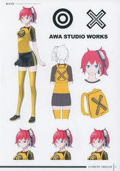  aiba_ami artbook artist_name backpack bag bandai black_footwear black_gloves black_skirt blue_eyes character_sheet digimon digimon_story:_cyber_sleuth female female full_body gloves goggles goggles_on_head leg_lift official_art pigeon-toed pleated_skirt print_gloves print_legwear print_shirt raglan_sleeves red_hair scan shiny shirt shoes side_ponytail simple_background single_glove skirt smile solo standing thighhighs yasuda_suzuhito yellow_legwear yellow_shirt zettai_ryouiki 