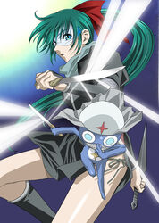  1boy alien azumaya_koyuki blue_eyes bow dororo_(keroro_gunsou) female fighting_stance green_hair hairbow keroro_gunsou kunai long_hair mask ninja open_mouth panties parted_lips photoshop_(medium) ponytail side-tie_panties tamama_island underwear very_long_hair weapon 