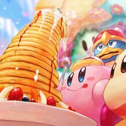  bad_id bad_pixiv_id blue_eyes blue_sky blush_stickers commentary flower flowery_woods food fork fruit hand_on_head king_dedede kirby kirby_(series) mishio no_humans pancake plate red_eyes sky sparkle sparkling_eyes star_(symbol) strawberry sweat syrup tongue tongue_out too_many too_many_pancakes waddle_dee whipped_cream 