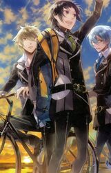  3boys artist_request bag belt bicycle blue_eyes blue_hair brown_eyes brown_hair green_eyes green_hair kanakubo_homare kinose_azusa miyaji_ryunosuke multiple_boys necktie open_mouth riding river satchel smile starry_sky_(game) sunset uniform water 