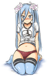  aoki_hagane_no_arpeggio blue_eyes blue_hair buruma commentary_request female long_hair morino_harifu navel panties seiza short_shorts shorts sitting takao_(aoki_hagane_no_arpeggio) thighhighs twintails underwear 