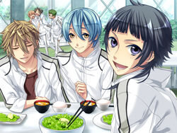  6+boys :d black_hair blonde_hair blue_hair bowl chopsticks food game_cg indoors inukai_takafumi kanakubo_homare kazuaki kinose_azusa koguma_shin&#039;ya miyaji_ryunosuke multiple_boys necktie open_mouth photoshop_(medium) red_necktie shiratori_yahiko shirt smile starry_sky_(game) t-shirt table white_shirt 